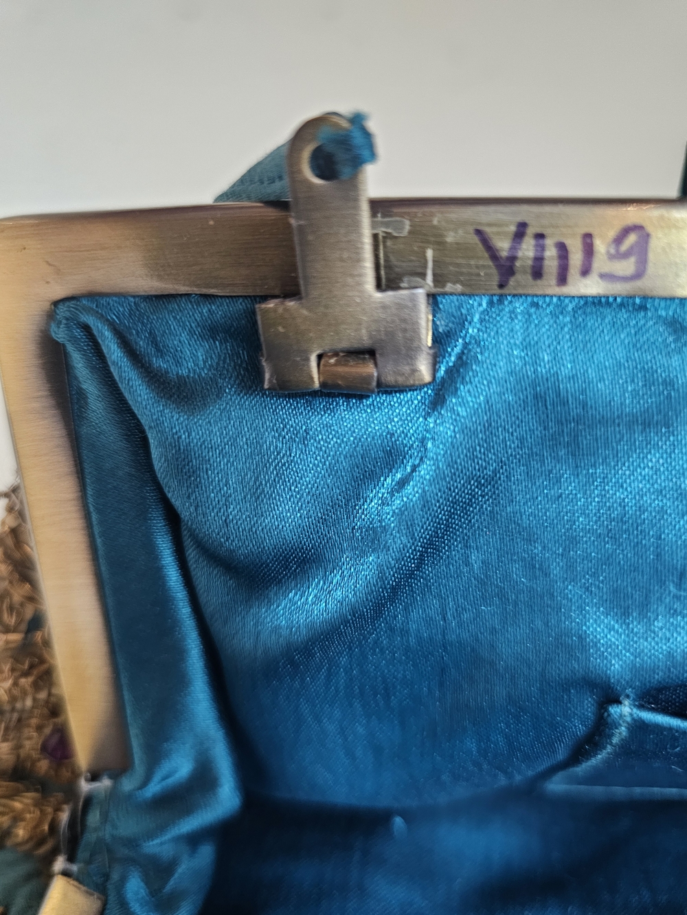 Vintage Santi Teal Satin Purple & Gold Beaded Evening Clutch Bag Fairycore - Picture 9 of 14